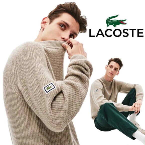 Lacoste Men's S Beige Crewneck Wool Alpaca Sweater Logo Patch Preppy Luxury $250 - Picture 1 of 16